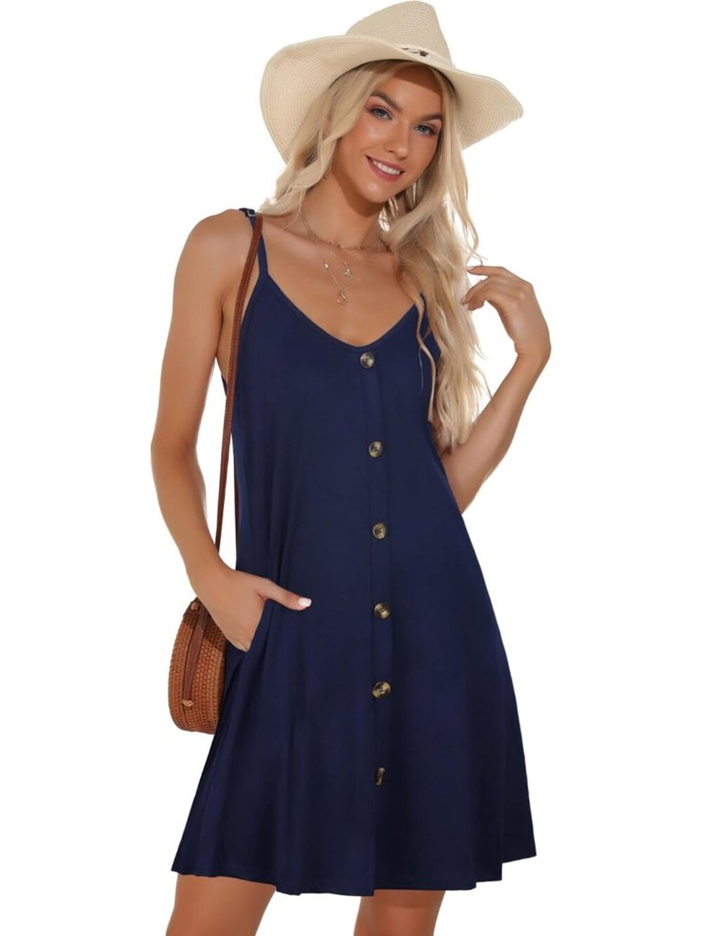 Women's Navy Summer Dresses Spaghetti Strap Button Down V Neck Sundress Beach - Picture 2 of 7